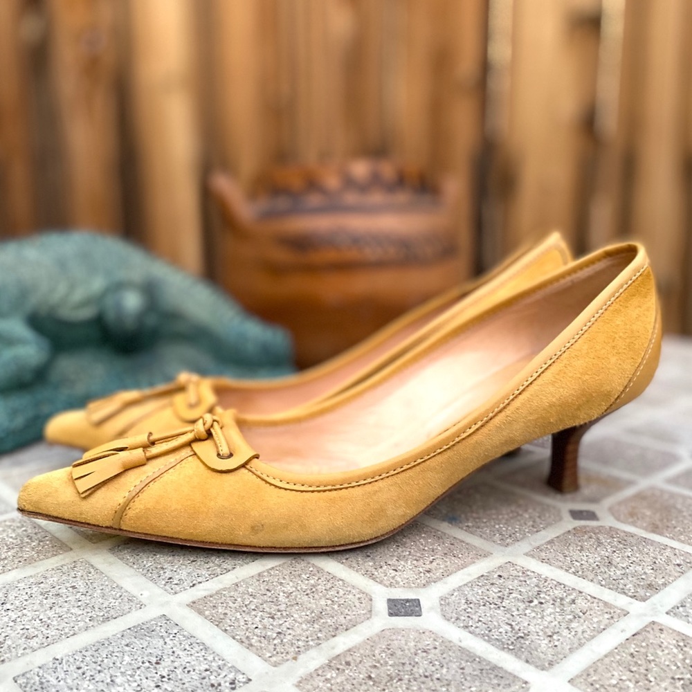 Giuseppe Zanotti Mustard Suede Tassel Kitten Heel Flats